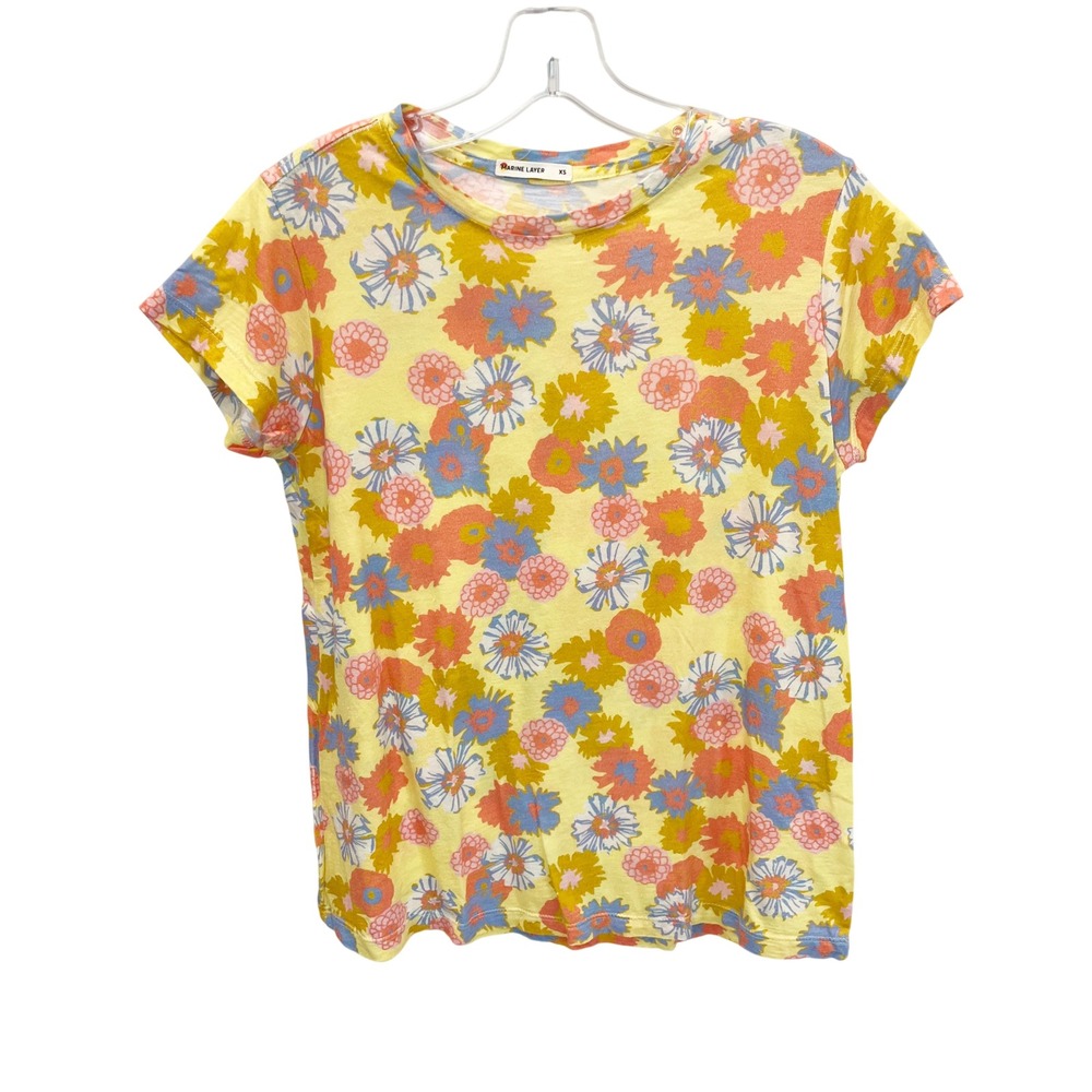 Marine Layer Womens XS Yellow Floral Print Supima Cotton Modal Short Sleeve Tee